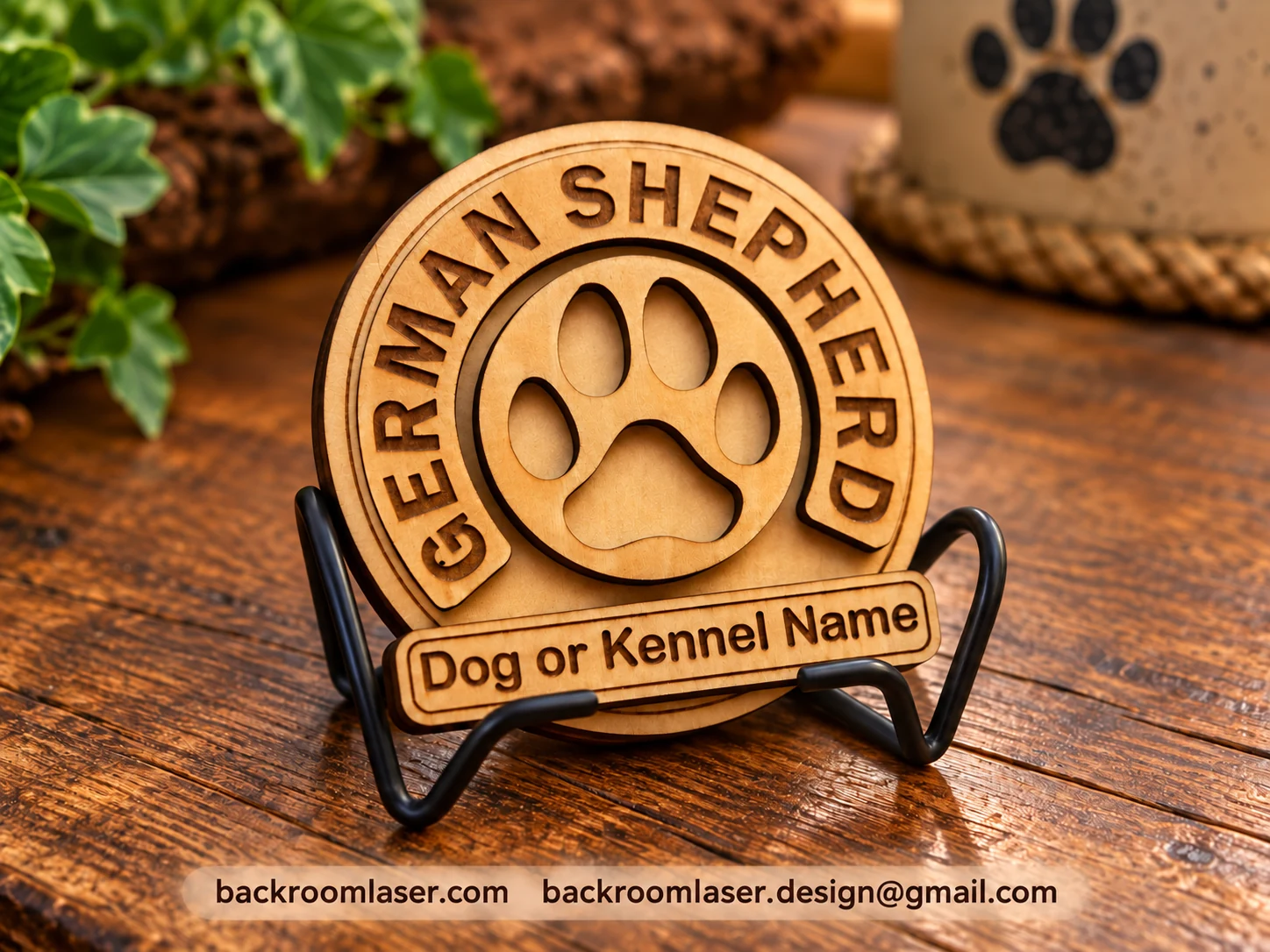 Custom two-layer wooden dog-breed coasters with raised paw-print artwork and personalized names